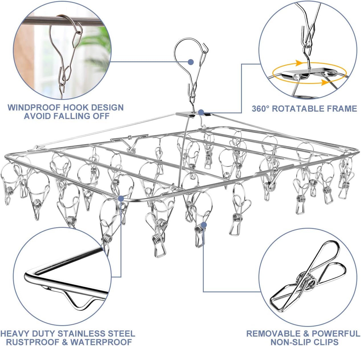 Fayleeko Drying Rack, 52 Clips Stainless Steel Laundry Drying Rack Folding Sock, Underwear, Clothes Hangers for Drying Towels, Bras, Lingerie, Baby Clothes