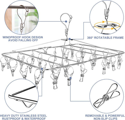 Fayleeko Drying Rack, 52 Clips Stainless Steel Laundry Drying Rack Folding Sock, Underwear, Clothes Hangers for Drying Towels, Bras, Lingerie, Baby Clothes
