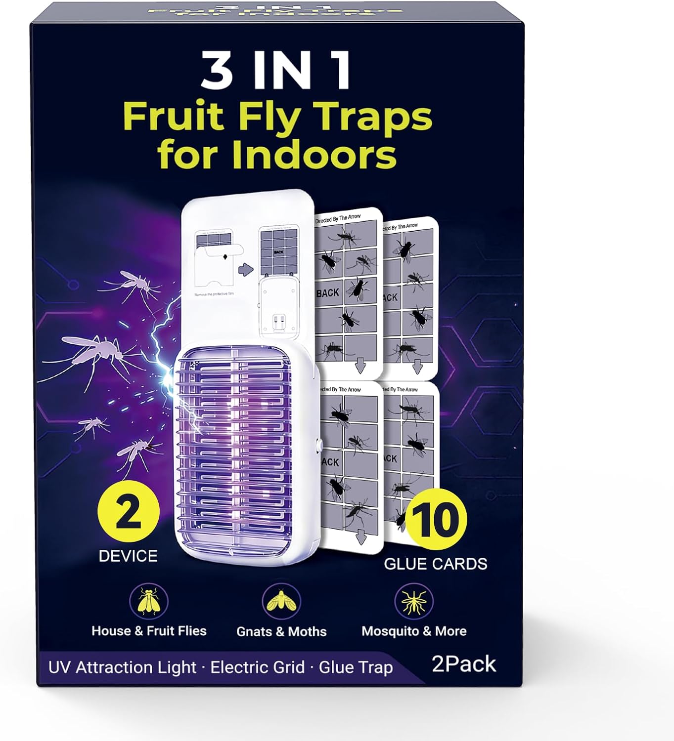 Upgraded Fruit Fly Traps for Indoors, Flying Insect Trap for Fruit Flies, Gnats, Plug in Bug Zapper Indoor with Dual-UV Lights & Trapping, Electric Grid & Glue Traps(1 Device & 5 Glue Boards)