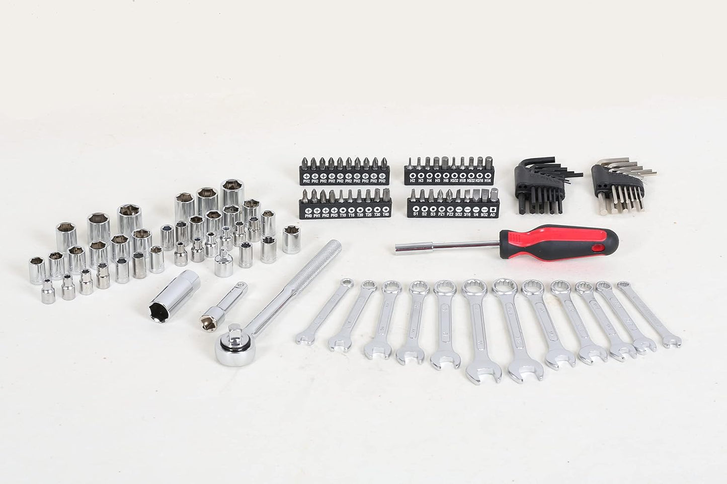 MECHMAX 121-Piece Mechanics Tool Set, 1/4 & 3/8-Inch Drive | Metric and standard SAE socket wrench kit. General automotive repair hand tool set for car mechanics and garage DIY