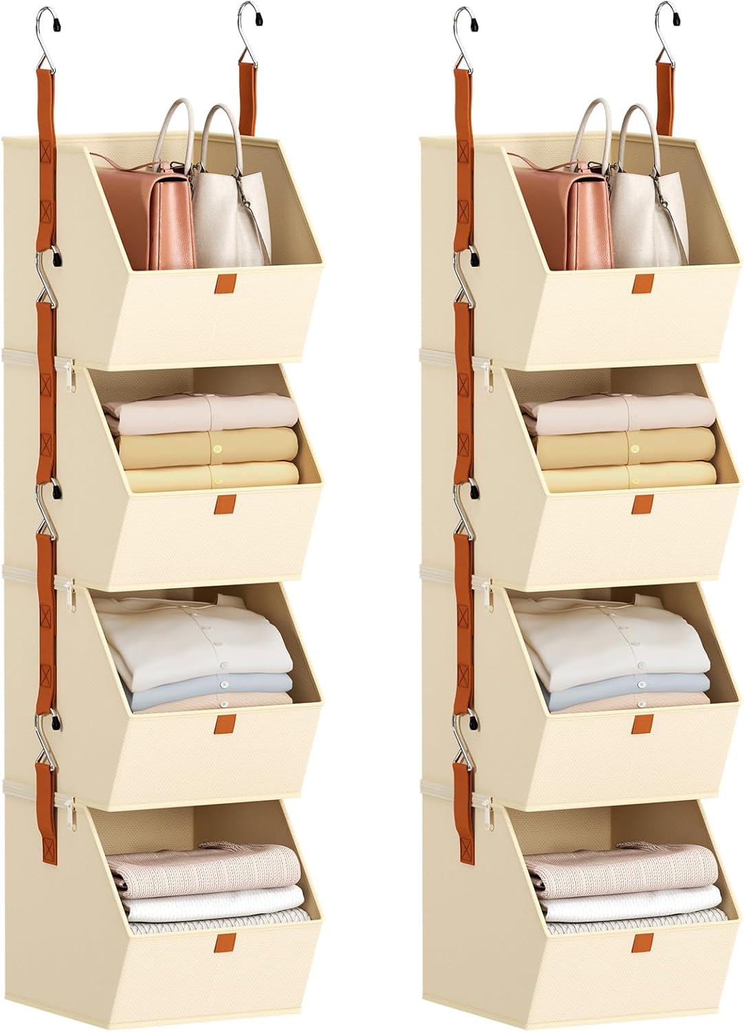 Homsorout Hanging Closet Organizer 4 Tier - Clothes Hanging Shelves, Space-Saving Closet System, Fabric Storage Bins Bedroom Organization, Collapsible Baskets for Home, Dorm, Rv, Beige