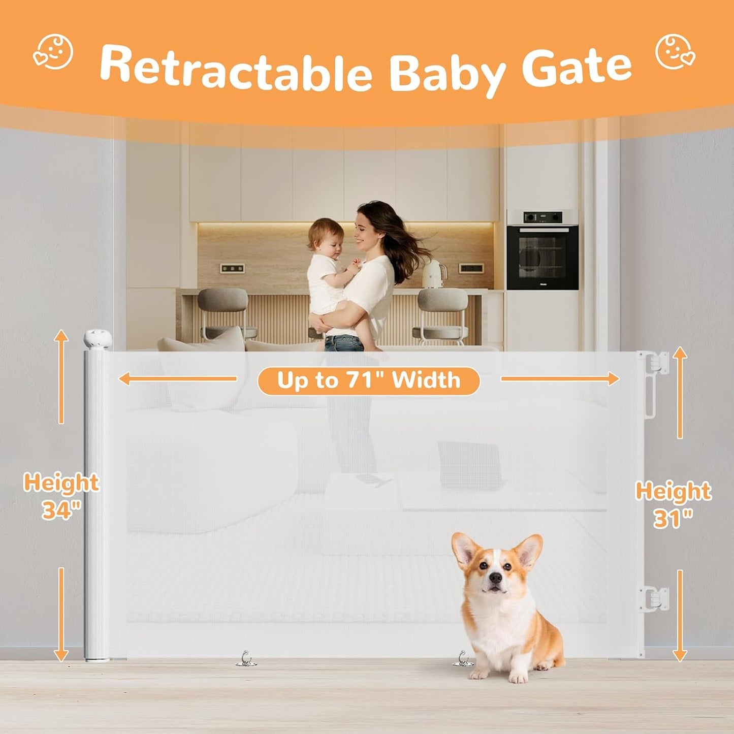 Retractable Baby Gate for Stairs & Doorways, 34" Tall Extends to 55" Wide, Mesh Baby & Pet Gate with Anti-Crawling Hook, Safety Gate for Toddlers, Doorways, Hallways, Indoor, Black