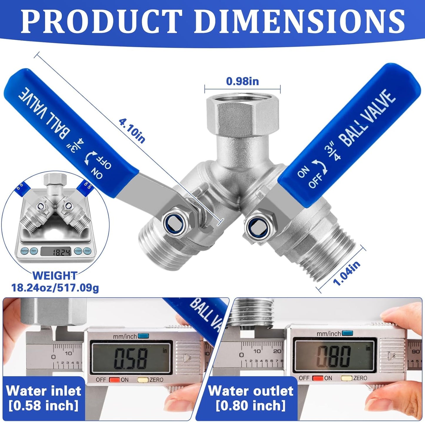 Garden Hose Splitter 2 way Heavy Duty, Brass Water Hose Splitter High Flow With Long Handle, 3/4 Inch Garden Hose Y Valve Garden Splitter, Full Flow Y Valve Hose Splitter With Wrench