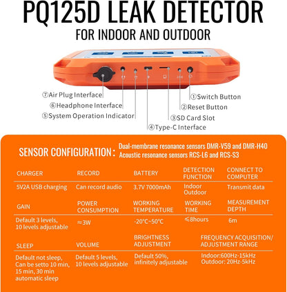 Underground Water Leak Detectors for Home PQ125A Wall Pipe Water Leakage Detection with Touchscreen Earphone and Carrying Case Multi Sensor Acoustic Pipeline Sound Intensifier