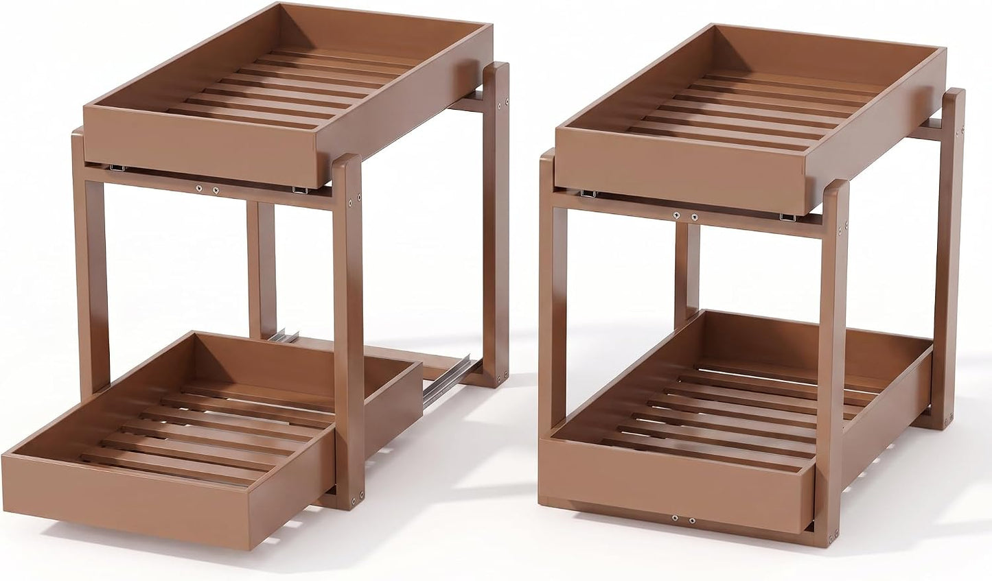Bamboo Under Sink Organizer and Storage, 2 Pack Pull Out Cabinet Organization, 2 Tier Vertical Slide Out Undersink Storage Shelf, Multi-Purpose Organizer Shelves for Kitchen Bathroom Medicine