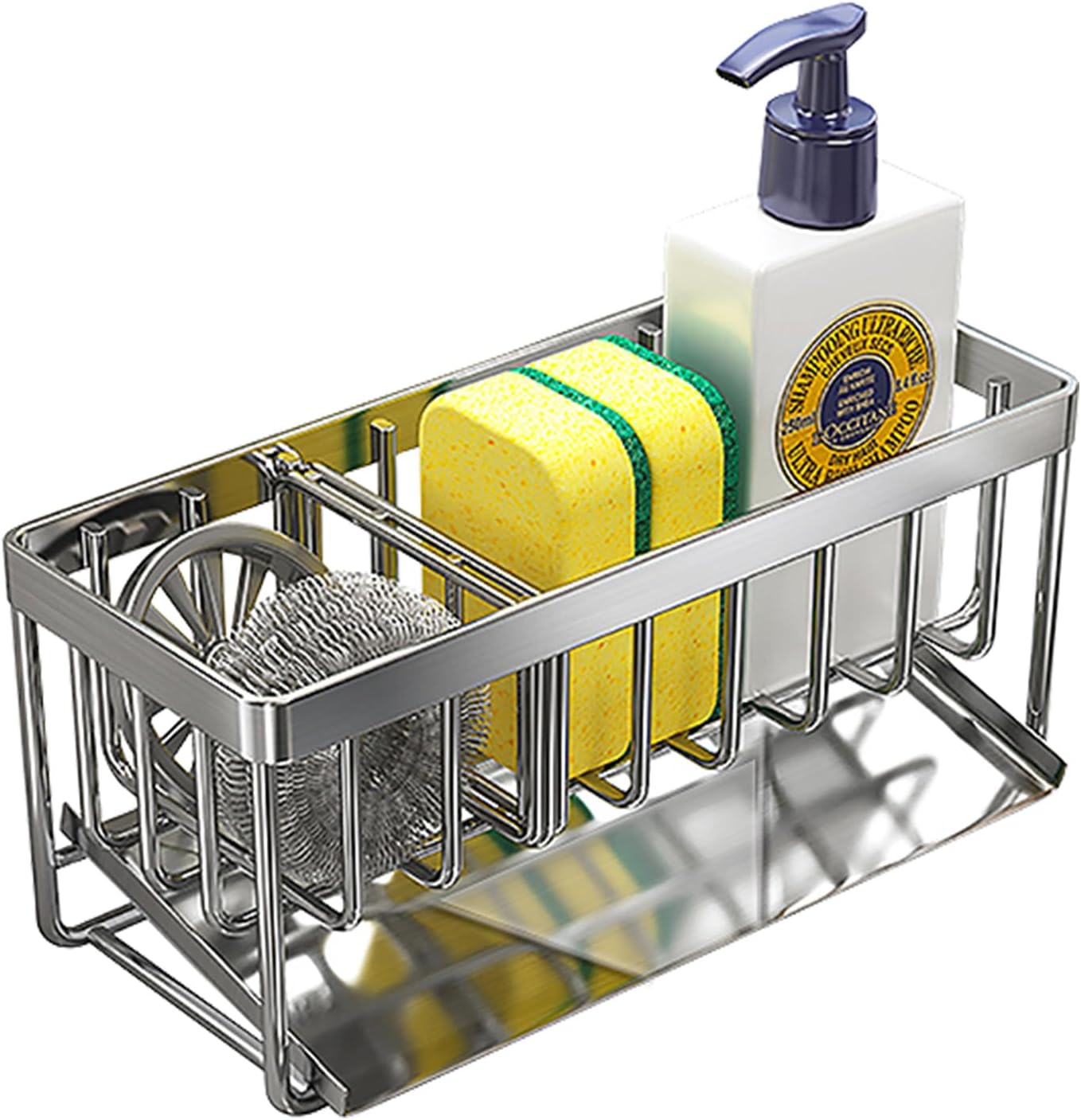 Kitchen Sink Sponge Holder, 304 Stainless Steel Soap Dispenser Caddy Organize, Kitchen Sink Brush Caddy Holder with Removable Drain Tray
