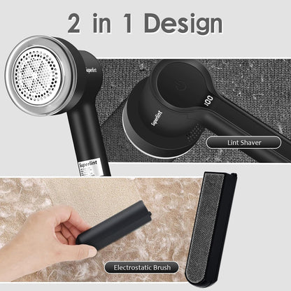 SuperLint 2-in-1 Rechargeable Fabric Shaver LED 3-Speed Lint Remover Black | Electrostatic Brush,2000mAh Battery,USB C Rechargeable,2-3H Long Runtime,auto-stop safety,6-Leaf Blade,2 replacement blades