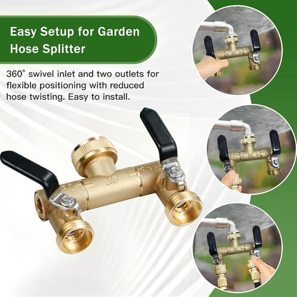 Garden Hose Splitter,2 Way Heavy Duty Outdoor Faucet Splitter, 360° Rotating Adapter,Long Handles High Flow Hose Adapter,with Shutoff Valves,3/4" GHT Thread