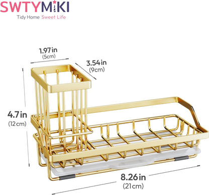 SWTYMIKI Sink Caddy Sponge Holder - Kitchen Sink Organizer with High Brush Holder for Countertop to Hold Dish Soaps and Sponges, Stainless Steel, Black