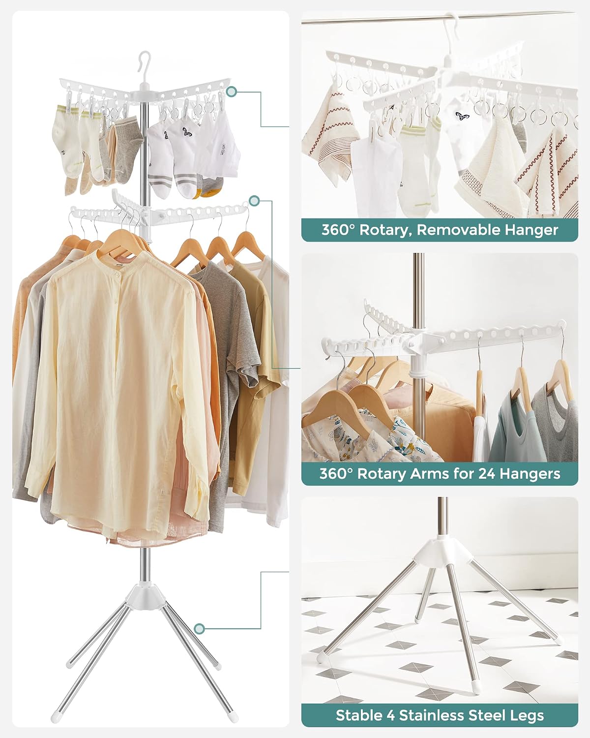 SONGMICS 2-Tier Clothes Drying Rack, 72-Inch Folding Laundry Drying Rack with 3 Rotatable Arms for Hangers, 24 Clips, Stainless Steel, for 27 Pieces of Clothes, Blue and Silver ULLR512Q01