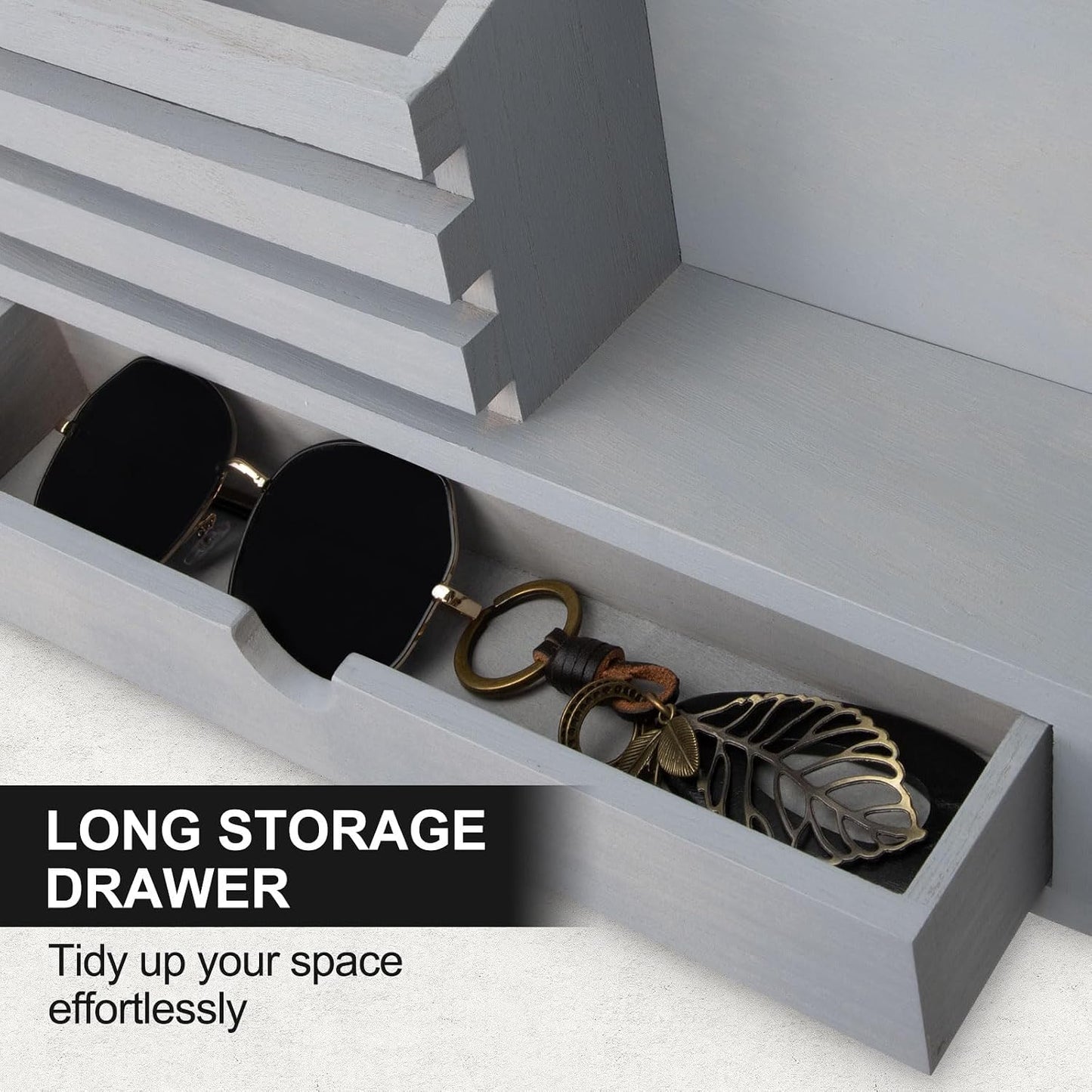 Key Holder Wall Mount, Mail Holder with Storage Drawer and 5 Key Hooks for Coat, Dog Leash, Home Decor Rack, House Accessories, Entry Way Organizer
