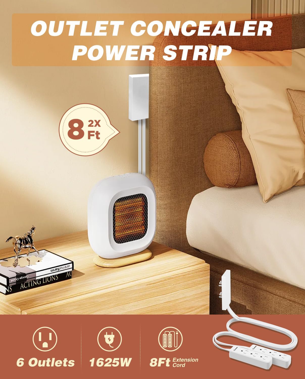 Saker Outlet Concealer Power Strip | 5ft Flat Plug Extension Cord with 3 Outlets,1625W | Universal Size Outlet Cover Baby Proofing | Cover Extension Cord for Kitchen, Home and Office