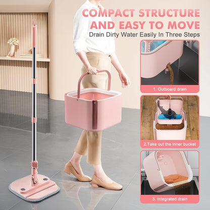 Spin Mop and Bucket Set with 2 Replaceable Microfiber Mop Pads with Self Separation Dirty and Clean Water System, Self Wringing 360° Rotating Square Mop Head for Hardwood Tile Marble Floors