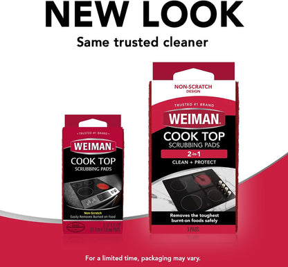 Weiman Cooktop Scrubbing Pads, 3 Count Scratch-Free Cleaning Pads for Cermaic, Glass Cooktop Surfaces, Removes Tough Burned-On Food & Residue