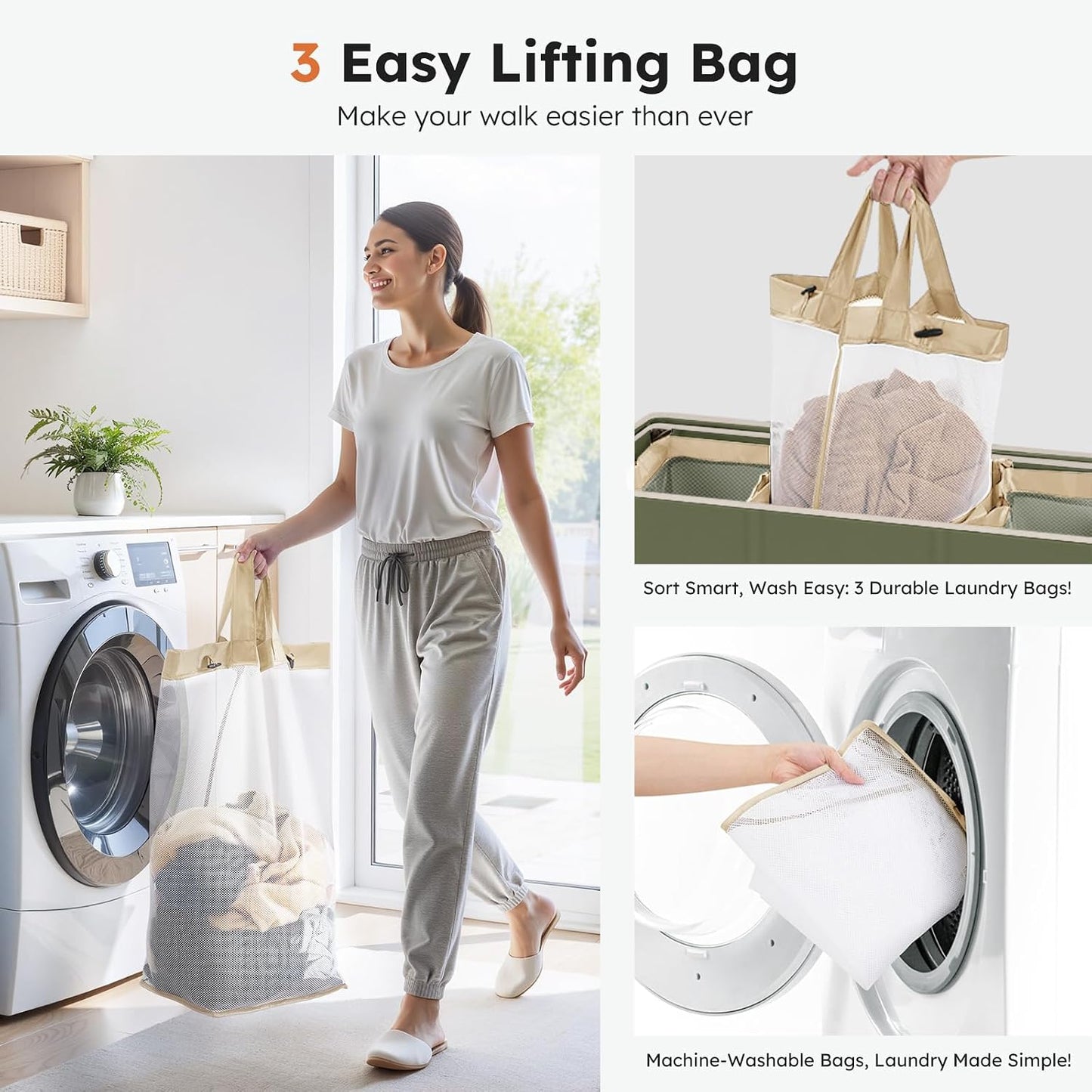 SOLEDI 180L Laundry Hamper 3 Section, Extra Large Laundry Hamper with Lid, Dirty Clothes Hamper with Sturdy Handle, Large Laundry Basket Organizer for Laundry Room, Bedroom, Hampers for Laundry