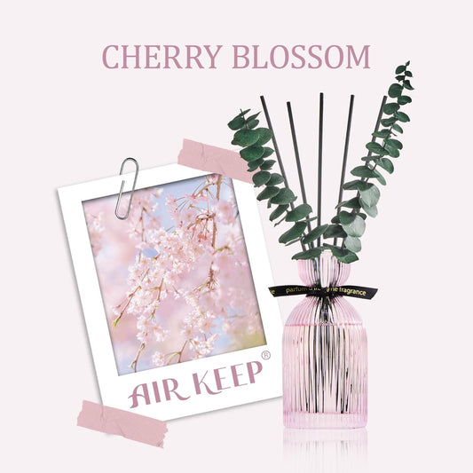 Airkeep Reed Diffuser Set 6.76 oz – Cherry Blossom Home Fragrance with Eucalyptus Sticks – Decorative Glass Bottle for Bathroom, Bedroom & Living Room Décor – Gift Ready