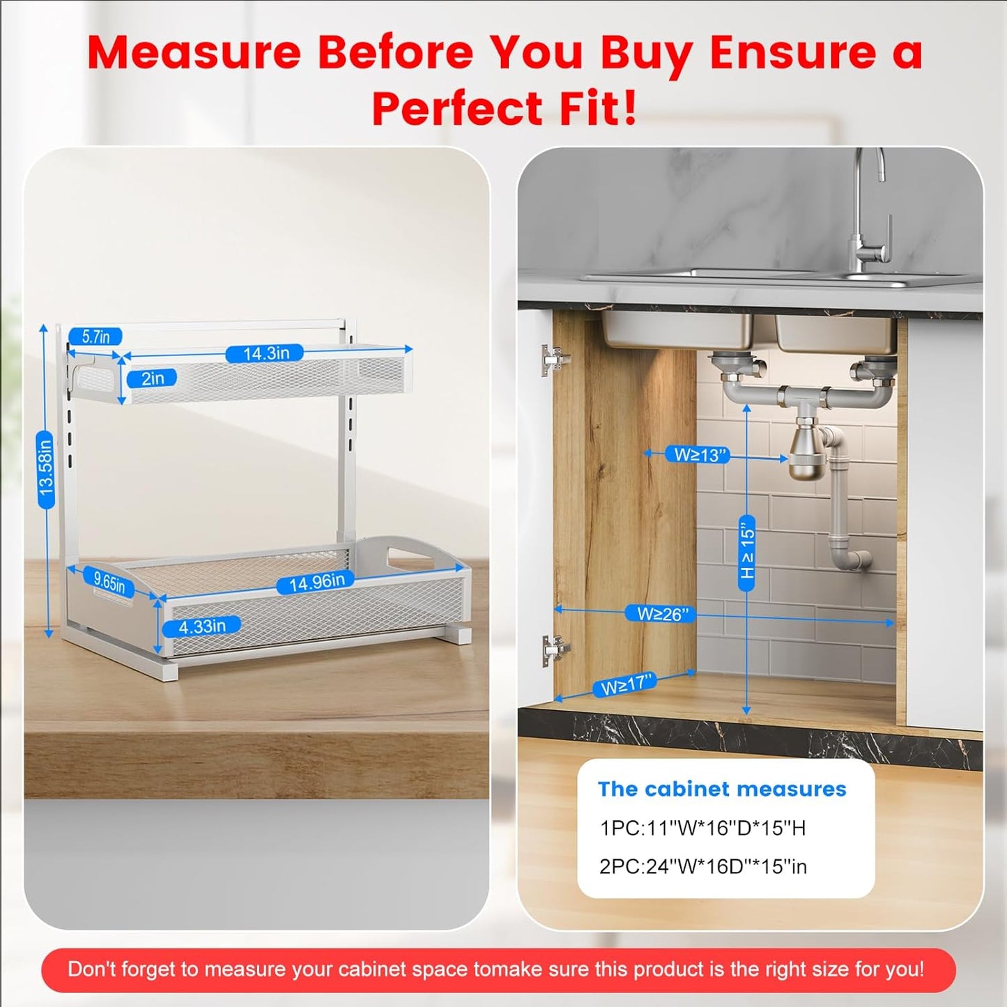 Petiza Under Sink Organizer Pull Out Cabinet Organizer Adjustable Height 2 Tier with Sliding Drawers Kitchen Bathroom Organizer and Storage(1pc)
