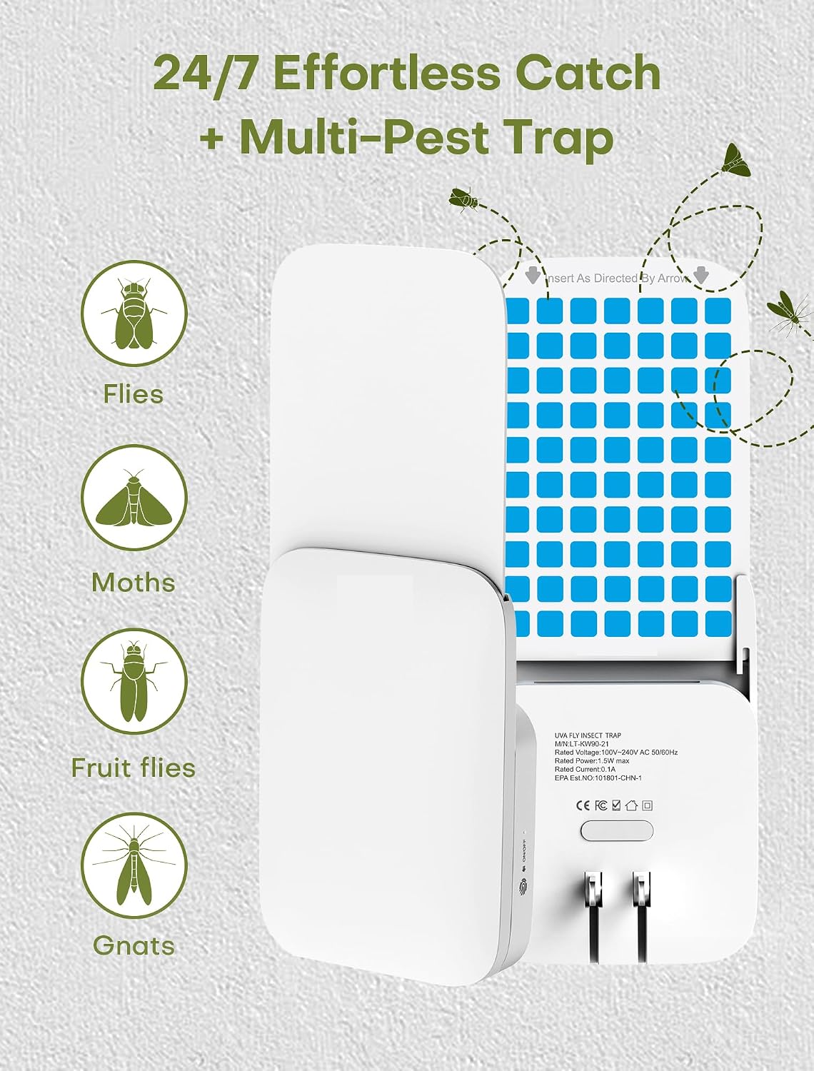Flying Insect Trap Indoor - Plug-in Fly Catcher and Killers Includes Refills for House Flies, Fruit Flies, Gnats,and Moths, Bug Light Killer, Cover up to 600 ft², Off-White, 2 Traps + 8 Refills