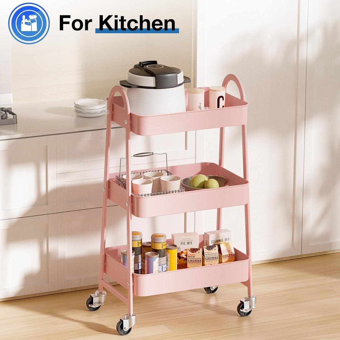DUMOS 3 Tiers Rolling Cart, Utility Cart, Metal, White | Mobile Storage, Lockable Wheels, Utility Shelving Unit, Kitchen, Bathroom, Laundry, Narrow Places