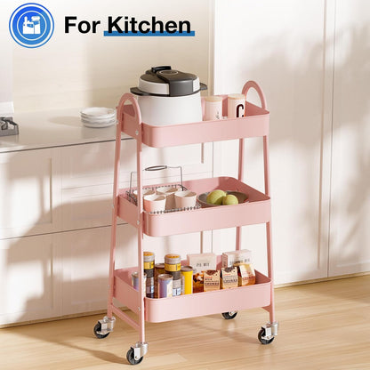 DUMOS 3 Tiers Rolling Cart, Utility Cart, Metal, White | Mobile Storage, Lockable Wheels, Utility Shelving Unit, Kitchen, Bathroom, Laundry, Narrow Places