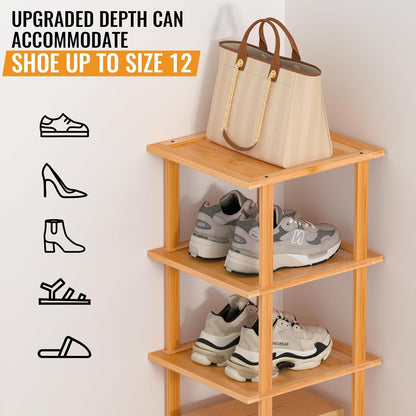 MHXW SXPN Bamboo Free Standing Shoe Rack Shelf Multi Tier Tall Wooden Stackable Shoes Rack Organizer for Closet Front Door Entrance Narrow Vertical Shoe Storage (Nature, 7 Tiers)
