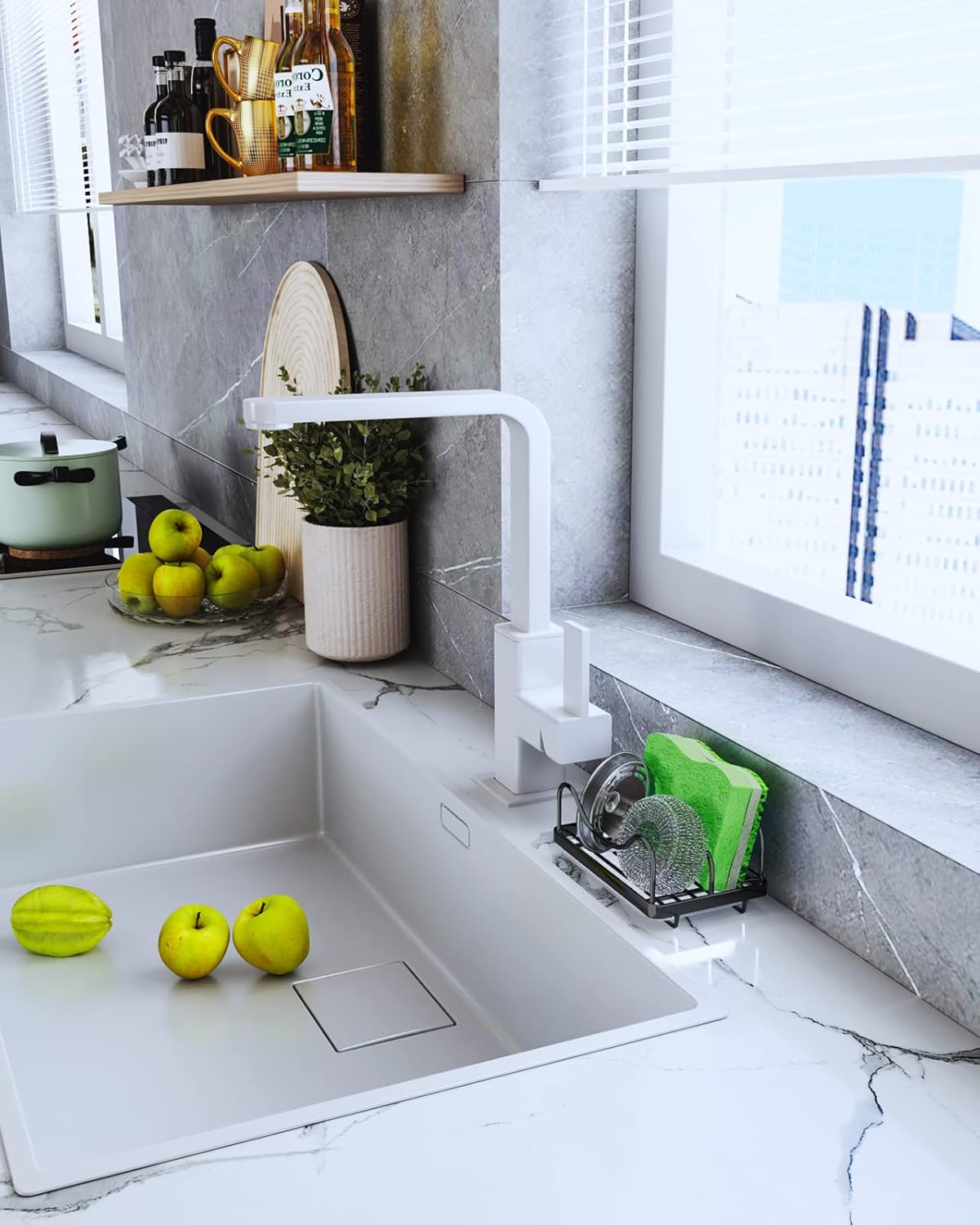 Consumest Sponge Holder for Kitchen Sink - Movable Sink Caddy for Countertop Organizer, 304 Stainless Steel Sponge Holder with Detachable Drip Tray for Kitchen Accessories-Silver