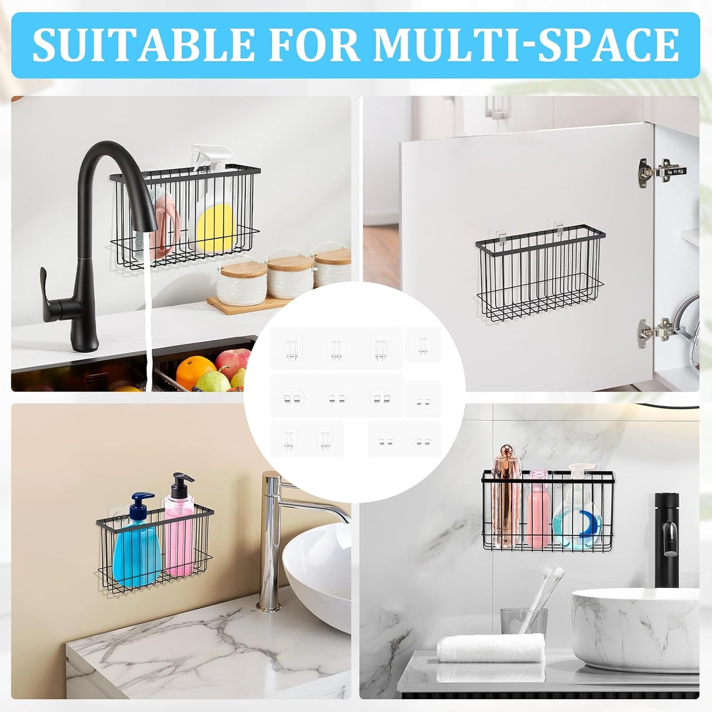 48 Pcs Transparent Waterproof Adhesive Hooks Heavy Duty Sticky Wall Hooks for Bathroom Shower Kitchen,Multi-Size No Residue Damage-Free Adhesive Shower Hooks for Shower Caddy Shelf Organizer