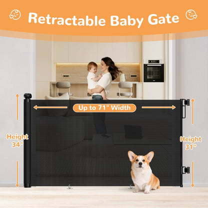 Retractable Baby Gate for Stairs & Doorways, 34" Tall Extends to 55" Wide, Mesh Baby & Pet Gate with Anti-Crawling Hook, Safety Gate for Toddlers, Doorways, Hallways, Indoor, Black