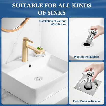 Bathroom Sink Drain Strainer,Pop Up Sink Stopper with Removable Stainless Steel Hair Catcher Basket, Anti-Clog Bathroom Sink Drain Plug for 1.1-2.36 Inch Drain Holes (Sliver 2Pcs)