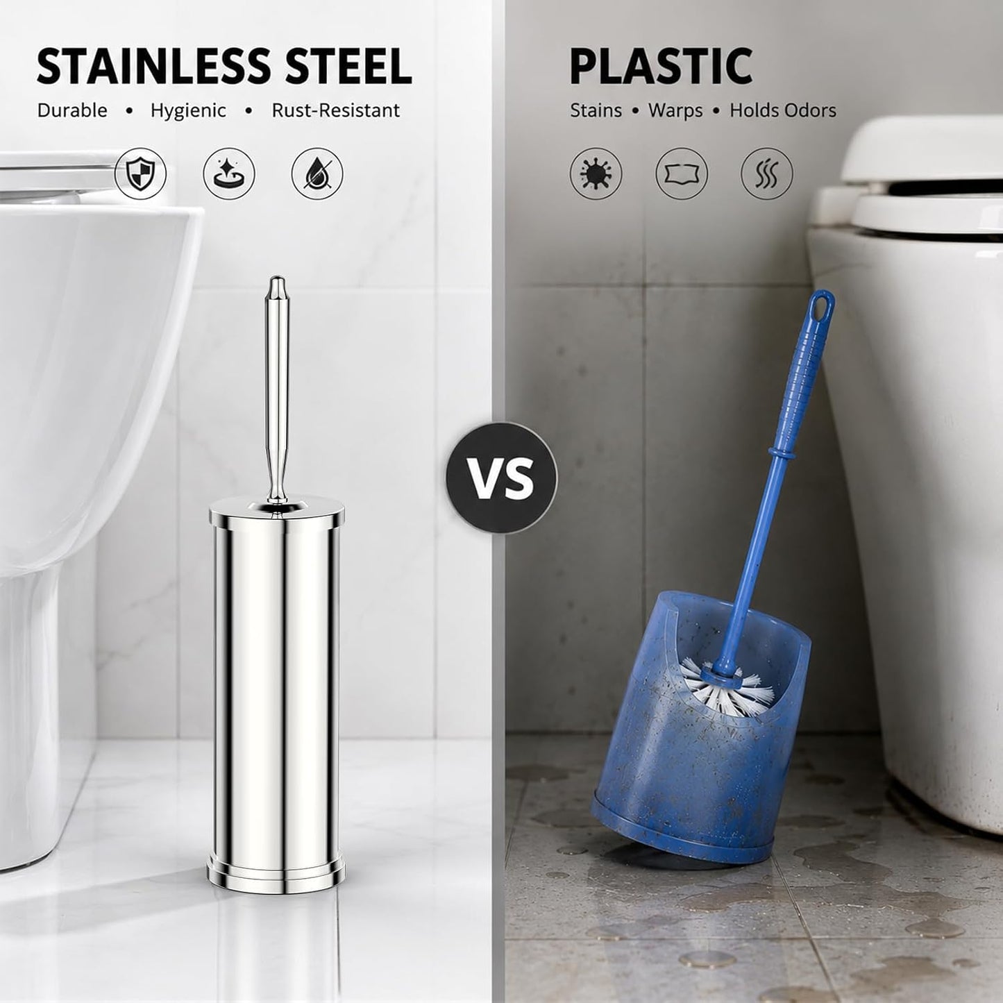 Stainless Steel Toilet Brush and Holder Set : Weighted Stable Base, Removable Inner Tube.Long Handle Toilet Bowl Brush Splash-Proof Design for Deep Cleaning & Space-Saving Storage,Nickel