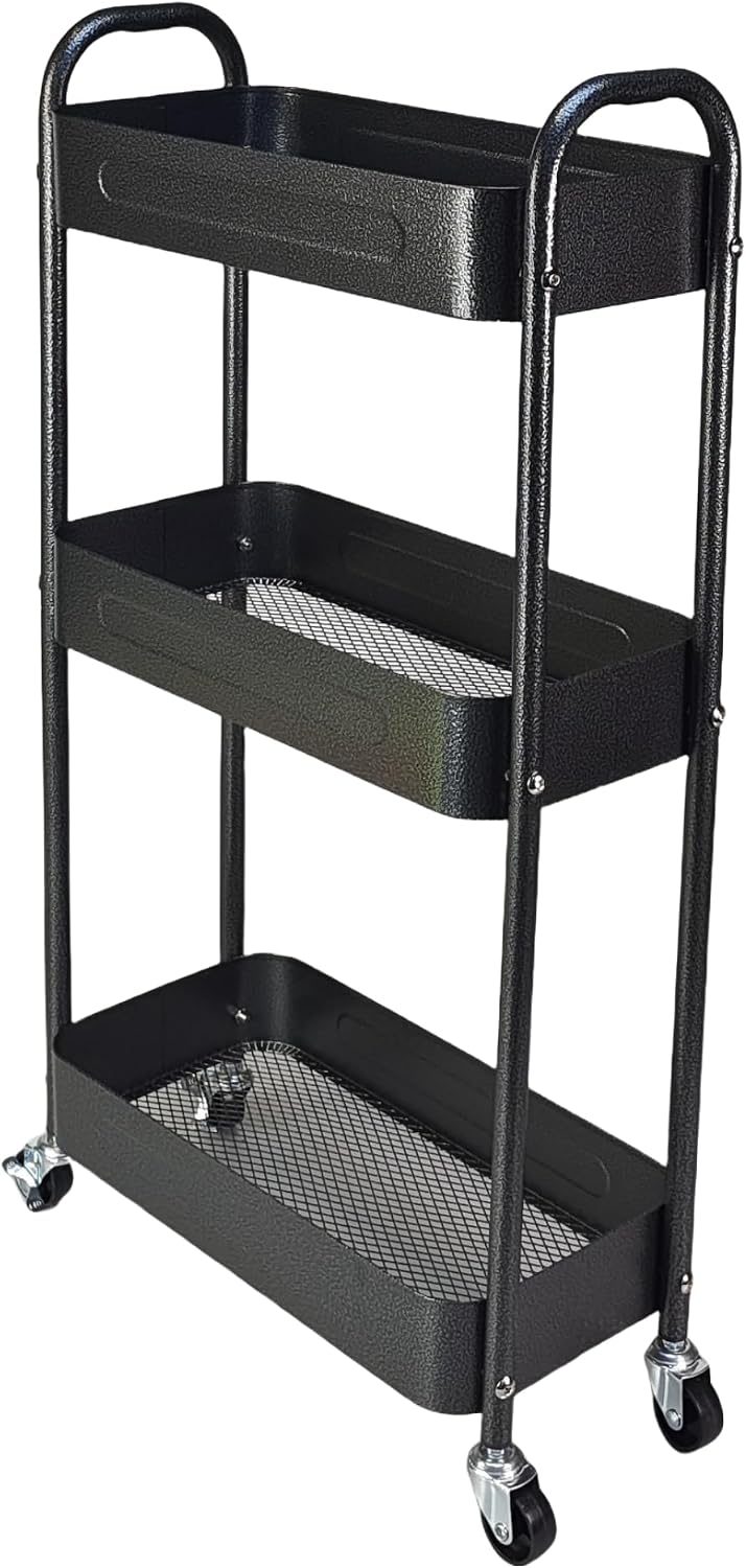 3 Tier Slim Metal Rolling Storage Cart for Laundry Room & Kitchen Organizer, 7.1'' Thin Standing Shelf for Narrow Spaces, Utility Cart with Wheels & Lockable Casters for Bathroom, Black