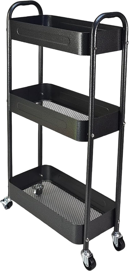 3 Tier Slim Metal Rolling Storage Cart for Laundry Room & Kitchen Organizer, 7.1'' Thin Standing Shelf for Narrow Spaces, Utility Cart with Wheels & Lockable Casters for Bathroom, Black