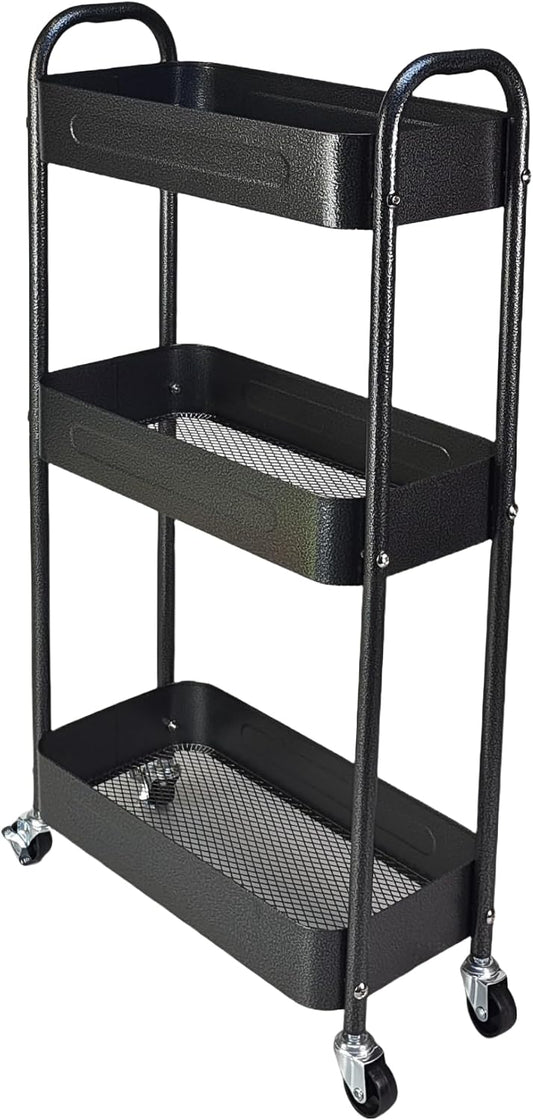 3 Tier Slim Metal Rolling Storage Cart for Laundry Room & Kitchen Organizer, 7.1'' Thin Standing Shelf for Narrow Spaces, Utility Cart with Wheels & Lockable Casters for Bathroom, Black