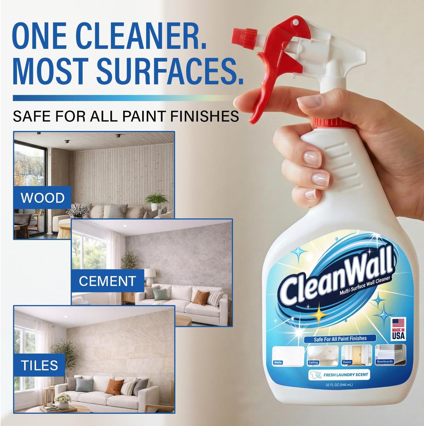 CleanWall Wall, Door & Baseboard Cleaner Spray – 32 oz Multi-Surface Formula Safe for Painted Walls – Made in USA – Family-Friendly – Tackles Everyday Kid Messes like Handprints, Smudges & Crayon