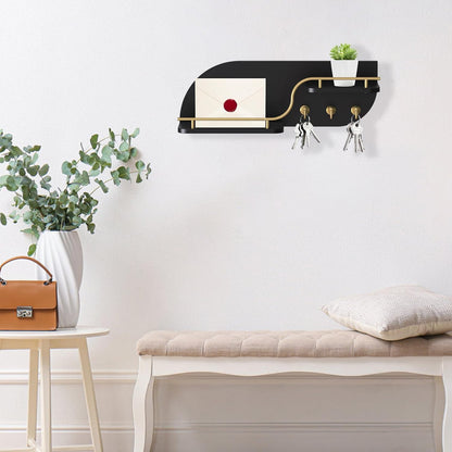 Key Holder for Wall, Decorative Key and Mail Organizer with 6 Sturdy Metal Hooks and Floating Shelf, 14 Inches Wood Wall Mounted Key Rack for Entryway, White and Gold