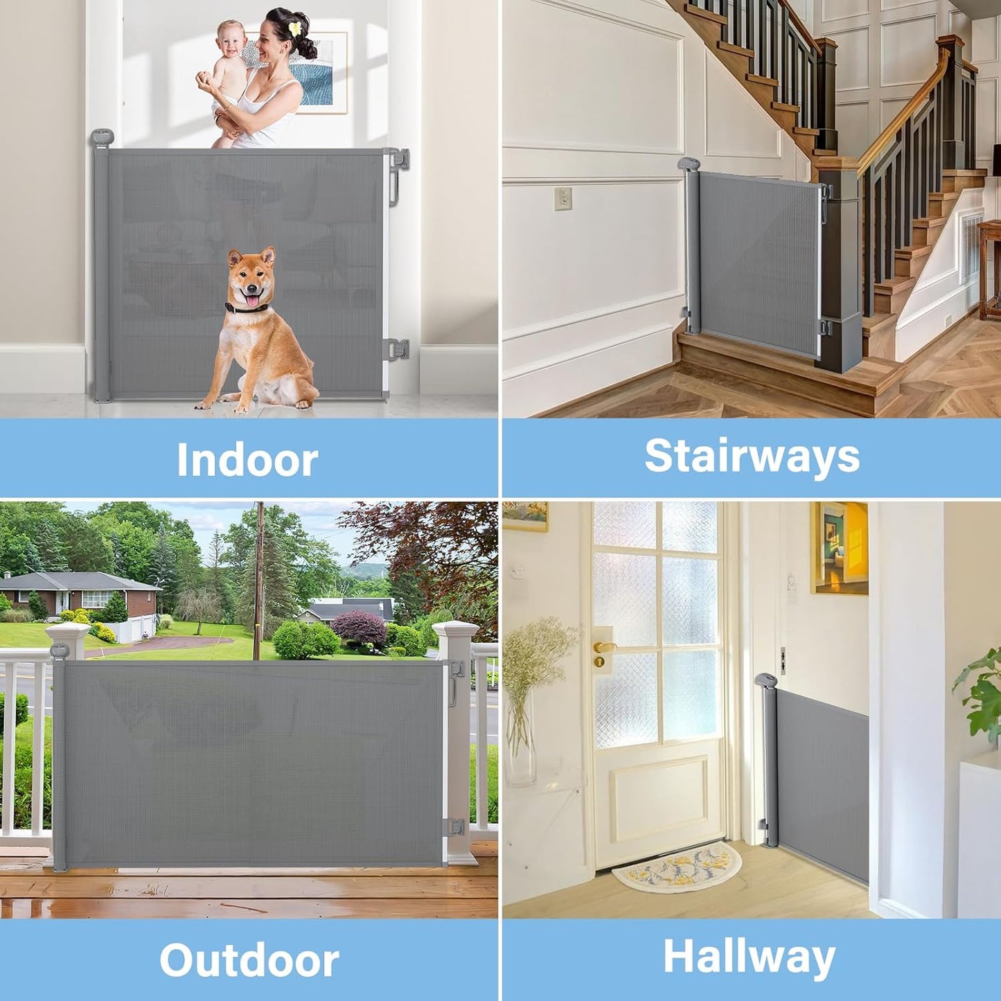 probebi Retractable Baby, Child & Dog Gates for Stairs, Extends to 54" Wide 34" Tall, Use for Outdoor, Indoor, Hallways, Doorways, Deck, Porch, Black