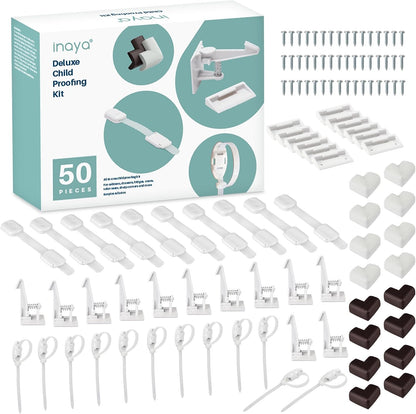 Inaya Complete Baby Proofing Kit - Child Safety Hidden Locks for Cabinets & Drawers, Adjustable Safety Latches, Corner Guards and Outlet Covers - Baby Proof Pack to Keep Your Child Safe at Home