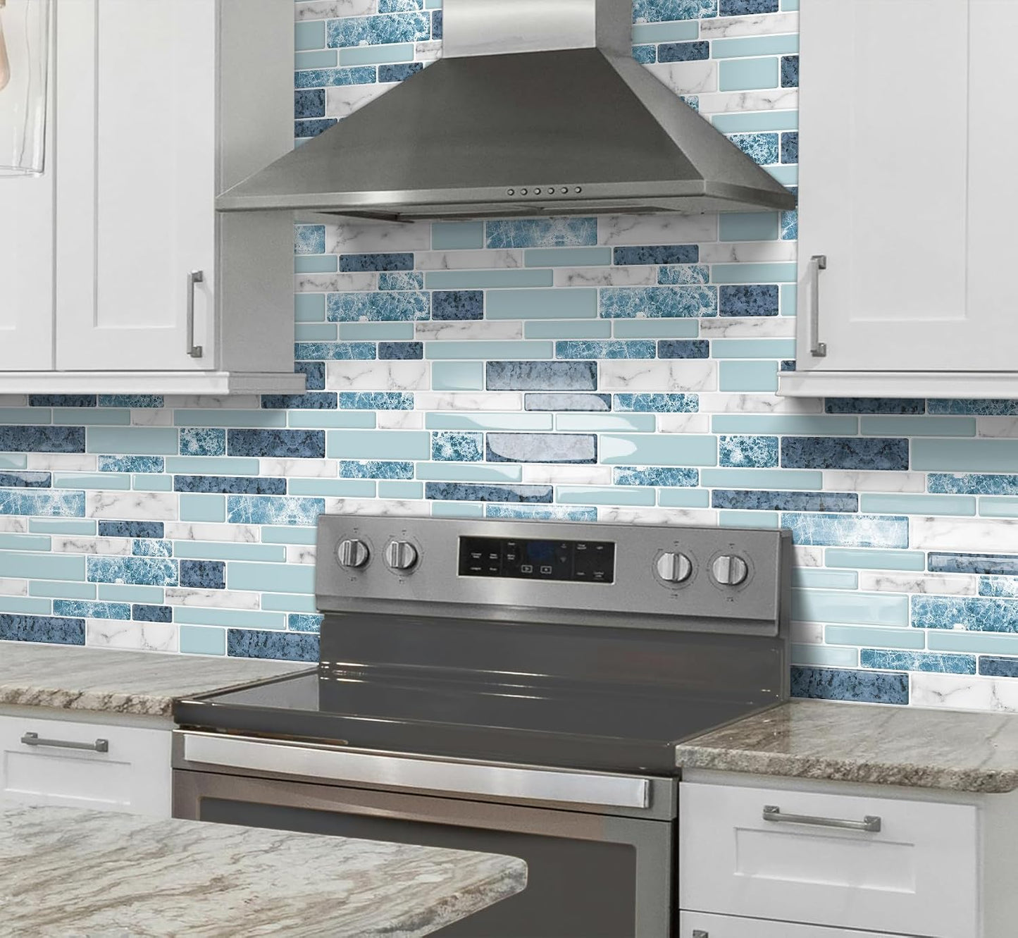 DEWOO Peel and Stick on Self Adhesive Backsplash Wall Marble Tiles Stickers 3D for Kitchen Bathroom,Spliced Blue (10-Sheet, 12"×12")