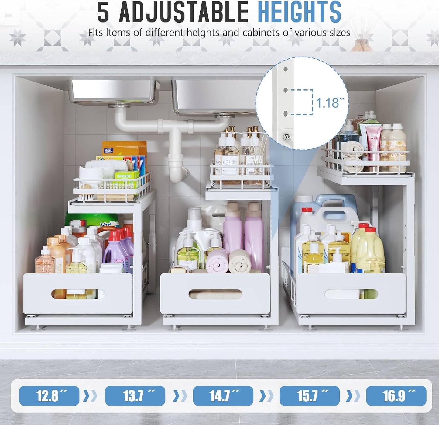 Under Sink Organizer Upgrade To Professional Rails,2-Tier Dual Pull Out Cabinet Storage,Height Adjustable Slide Out Drawers For Bathroom Kitchen,2 Pack-14.5" Dx12.8-16.9" H,White