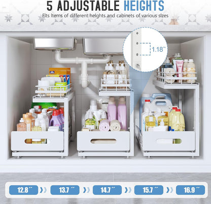 Under Sink Organizer Upgrade To Professional Rails,2-Tier Dual Pull Out Cabinet Storage,Height Adjustable Slide Out Drawers For Bathroom Kitchen,2 Pack-14.5" Dx12.8-16.9" H,White