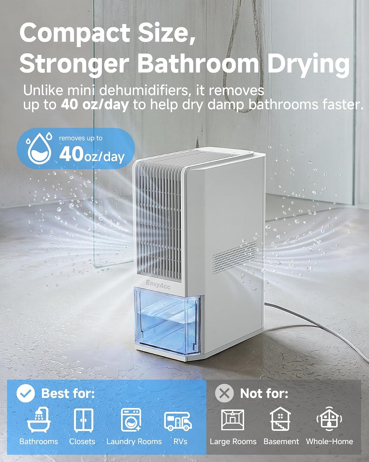 EasyAcc Small Dehumidifier for Bathroom, 68 OZ Dehumidifier for RV with Auto Shut Off, Removes Up to 40 OZ/Day, Quiet Portable Dehumidifier with 7 Color LED Light, Auto Defrost for Bedroom Closet