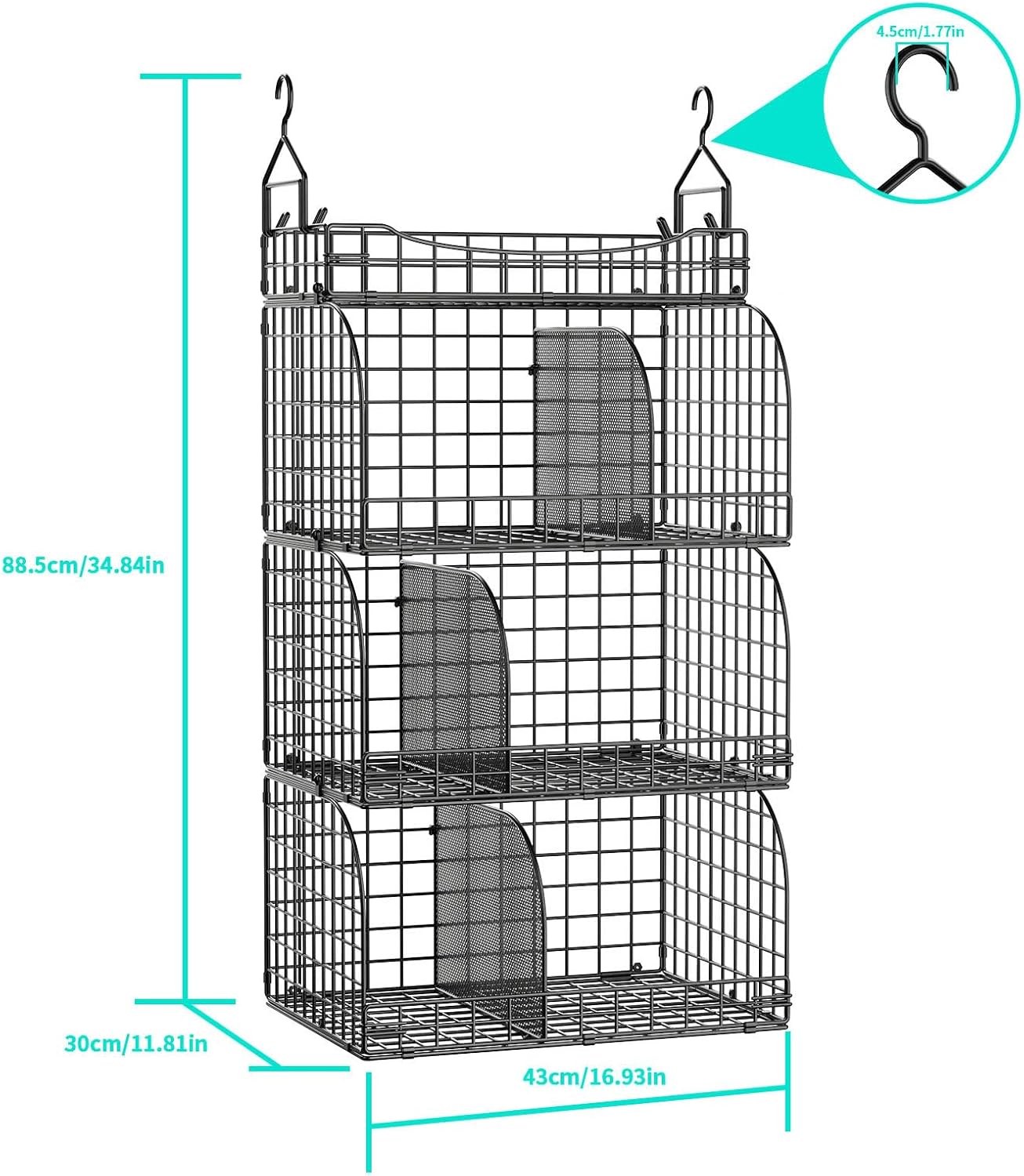 HapiRm Hanging Closet Organizer Storage - 3 Tier Metal Stackable Hanging Closet Shelves with Dividers and S Hooks, Foldable Clothes Shelves for Clothes, Pants, Shoes, Coat, Hats Clutches Accessories