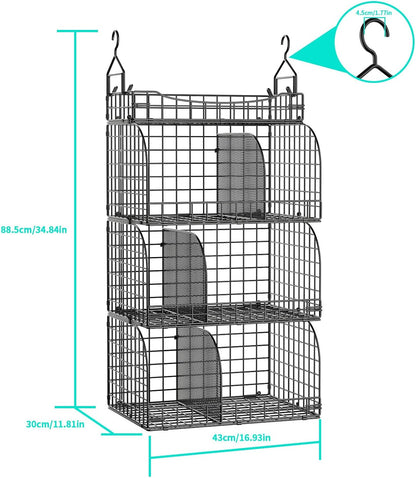 HapiRm Hanging Closet Organizer Storage - 3 Tier Metal Stackable Hanging Closet Shelves with Dividers and S Hooks, Foldable Clothes Shelves for Clothes, Pants, Shoes, Coat, Hats Clutches Accessories