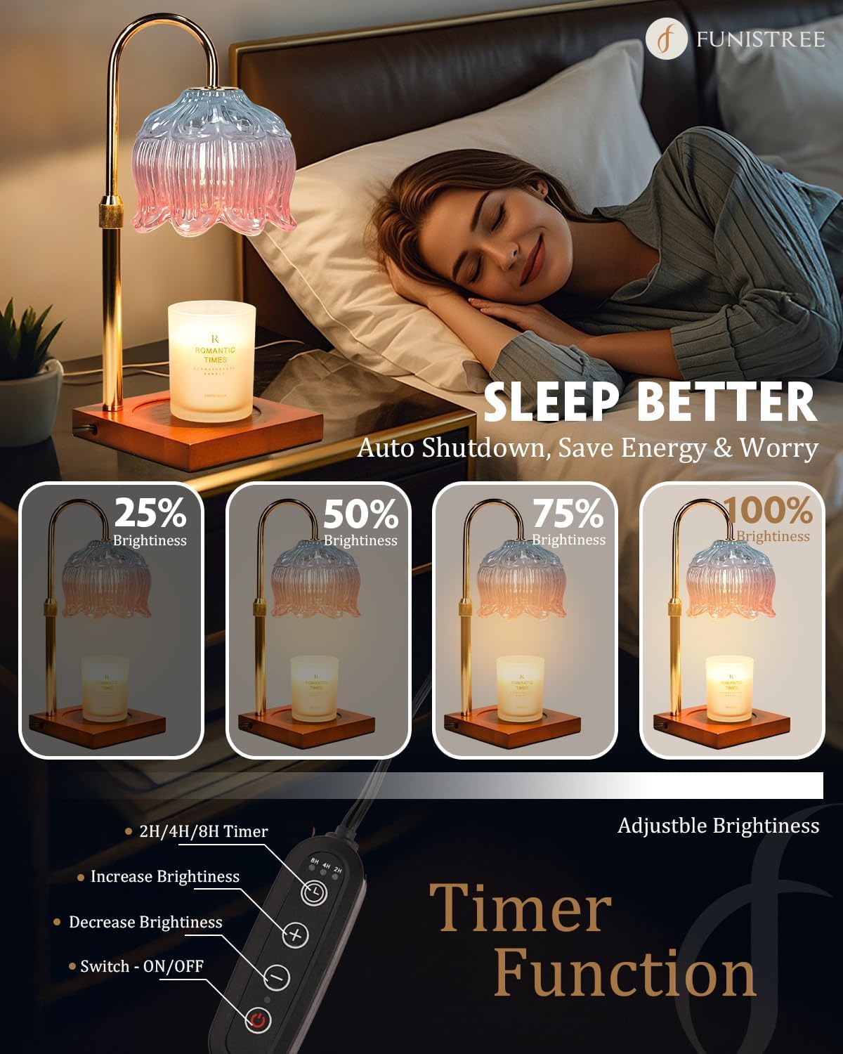 Funistree Flower Candle Warmer Lamp with Timer & Dimmer, Adjustable Height Candle Warmer, Christmas Birthday Gifts for Women Mom, House Warming New Home Decor, Wax Warmer with 2 Bulbs for Jar Candles