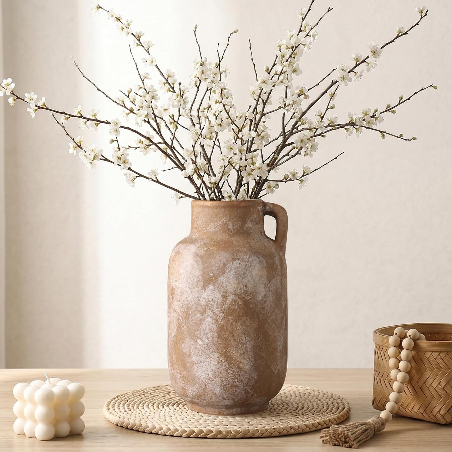 CUCUMI Ceramic Vase Set of 5, Home Decor Farmhouse Décor Handmade Pottery Vases for Pampas Grass, Dried Fresh Flowers, Table, Living Room, Kitchen, Shelf, Entryway Mantel Neutral Tones