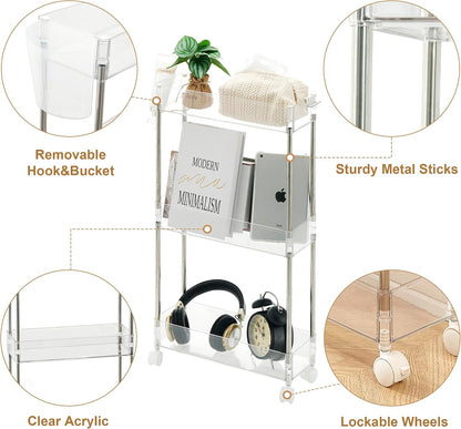 VECELO Storage Rolling Cart, 4 Tier Utility Cart Kitchen Slim Mobile Storage Unit Organizers with Wheels Hooks&Hanging Cups for Bedroom Bathroom Office Table Side in Narrow Places, White
