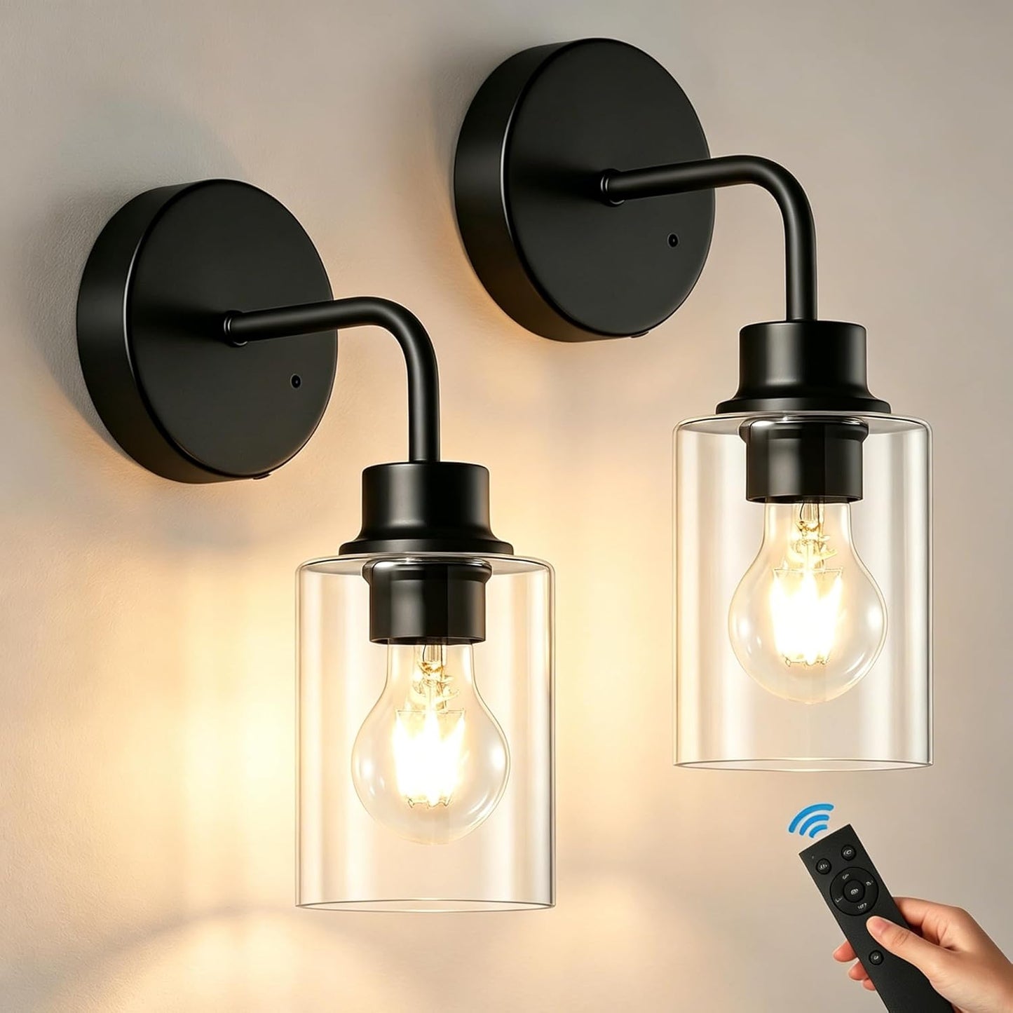 Epinl Battery Operated Black Wall Sconce Set of 2, Wireless Rechargeable Wall Lights with Remote Control, Modern Dimmable Wall Mount Lamps for Bedroom Living Room Bathroom, 3000K
