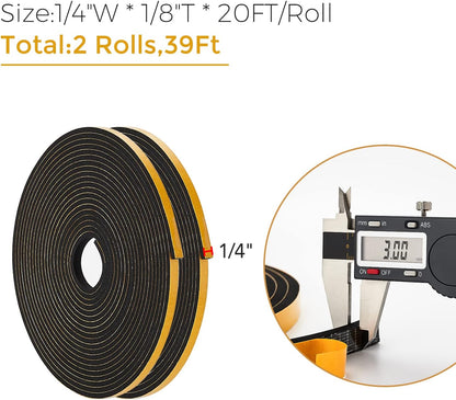 33 Feet Weather Stripping Door Seal- 1/2" Wide X 1/4" Thick Door Bottom Seal Strip High Density Foam Tape Adhesive Rubber Strip for Door Soundproofing,Window Insulation (1/2" x 1/4" x 33FT,Black)