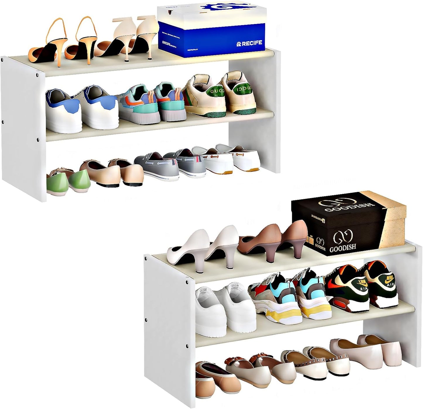 Cidaziya 2 Tier Small White Shoe Rack for Closet, Stackable Shoe Shelf Organizer for 9-12 Pairs of Shoes, Portable Wood and Cloth Structure, Small Shoe Storage Organizer, Size 28.5"* 11" * 13"
