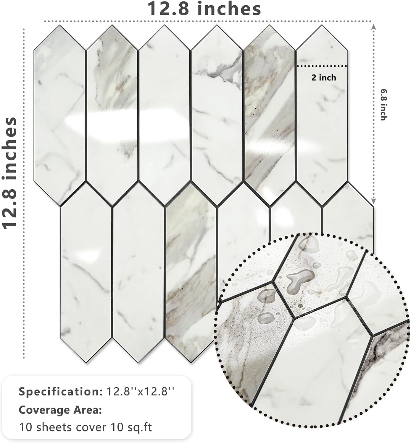 Vamos Tile Glossy Dolomite White Backsplash Tile Peel and Stick, 12.8 x 12.8 Inch 10 Sheets Long Hexagon PVC Self Adhesive Mosaic Wall Tiles Stick on Backsplash for Kitchen and Bathroom